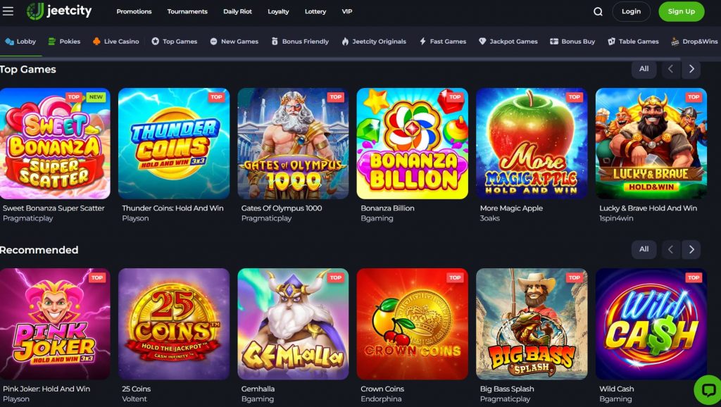 JeetCity Casino homepage Australia with game selection and bonus banner